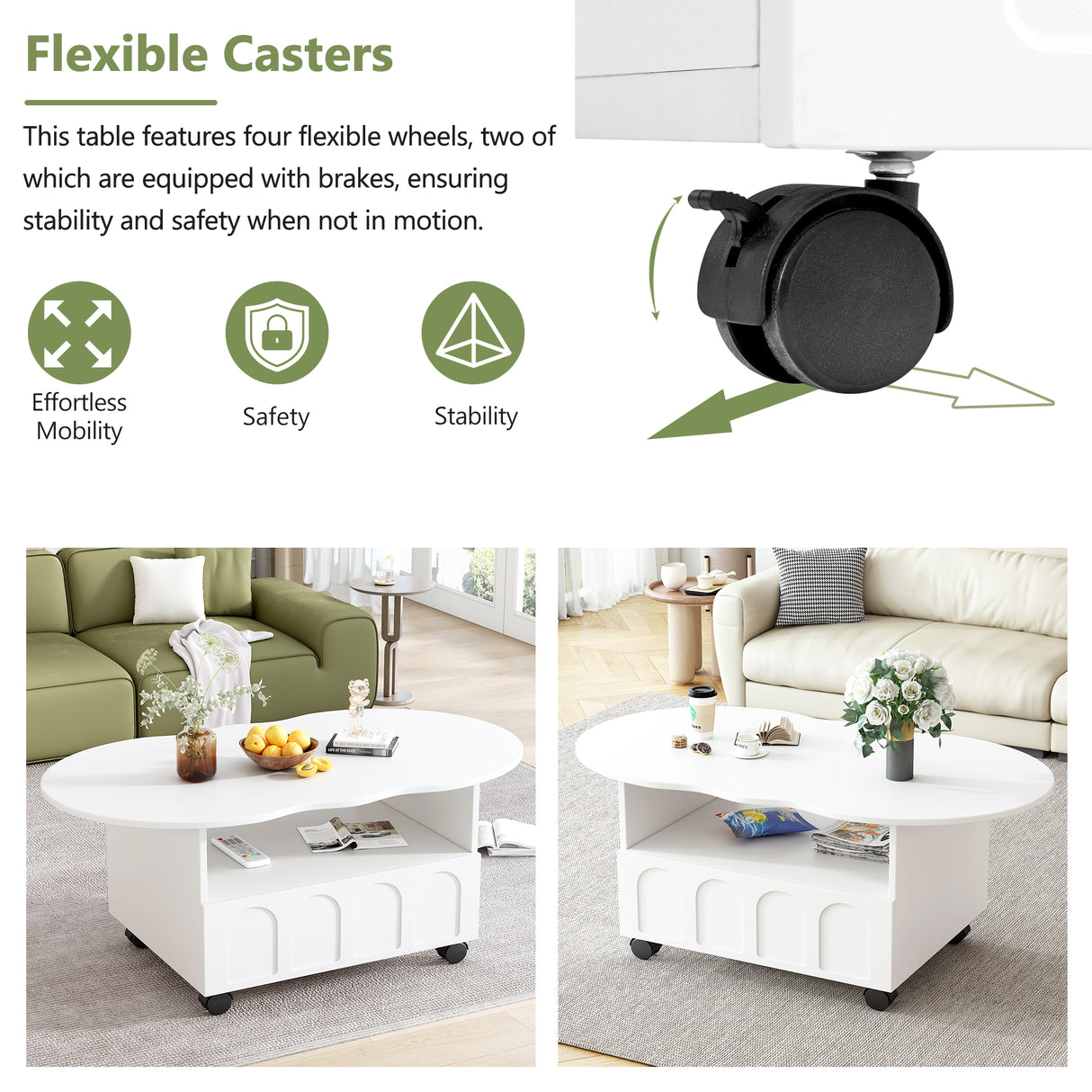 ON-TRANS flexible cream style coffee table with 2 brake wheels, drawers, large storage space, white, 39.37 '' x 23.6 '' - V.I.P Digital Presence