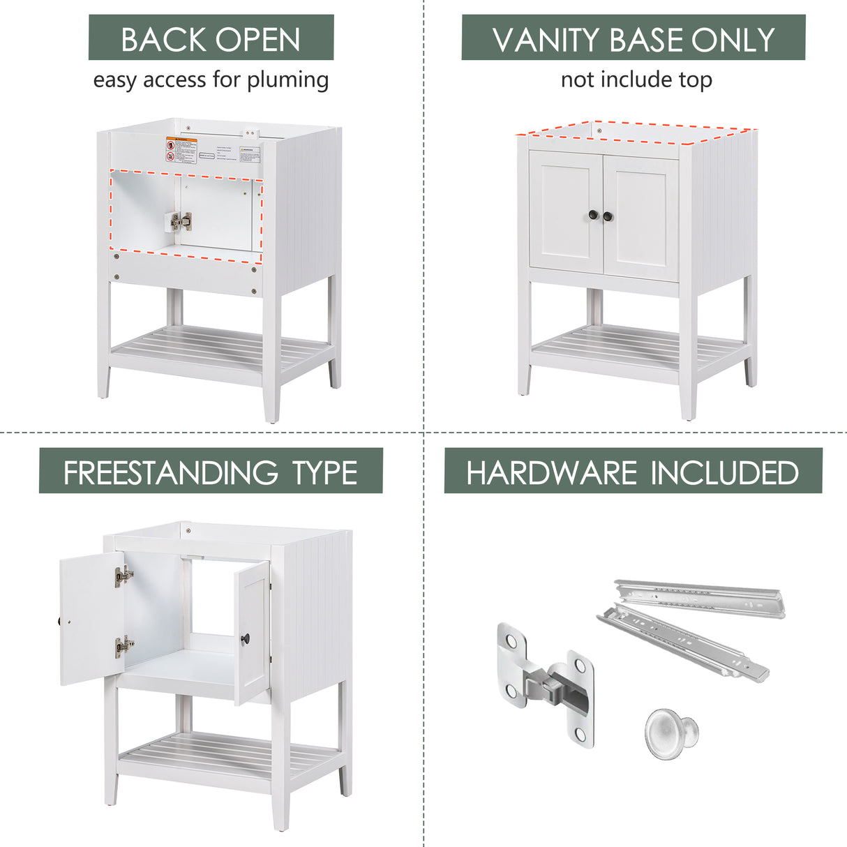 24" Bathroom Vanity Base Only, Soild Wood Frame, Bathroom Storage Cabinet with Doors and Open Shelf, White - V.I.P Digital Presence