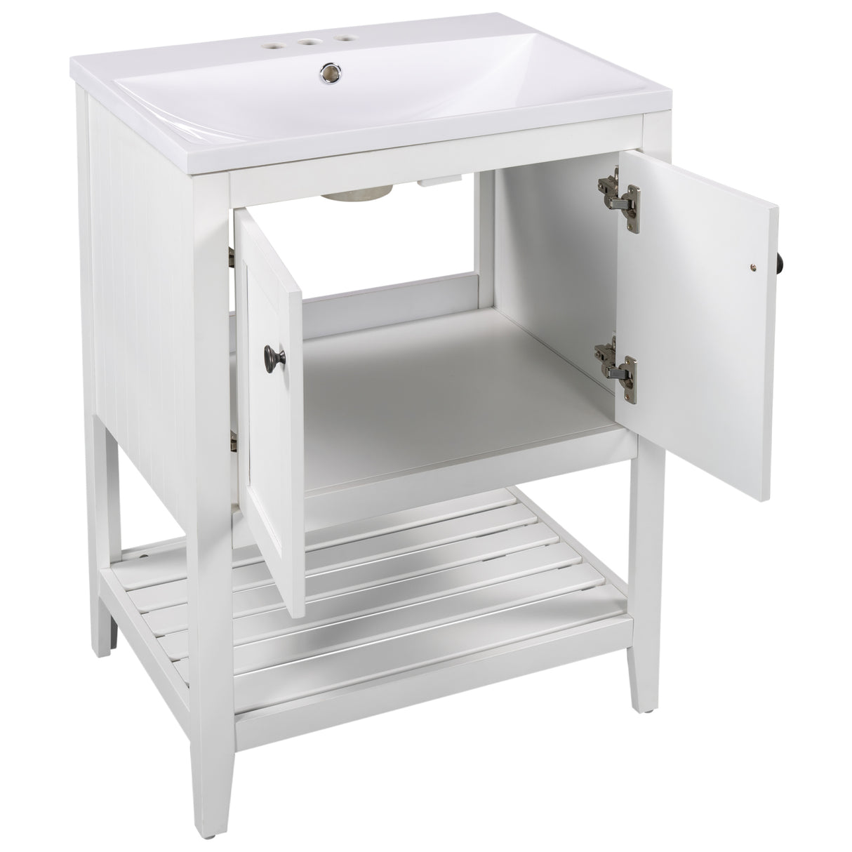 24" White Modern Sleek Bathroom Vanity Elegant Ceramic Sink with Solid Wood Frame Open Style Shelf - V.I.P Digital Presence