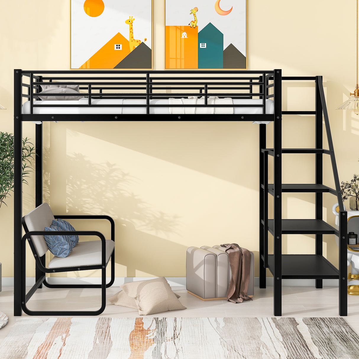Twin Size Metal Loft Bed with Bench and Storage Staircase Black