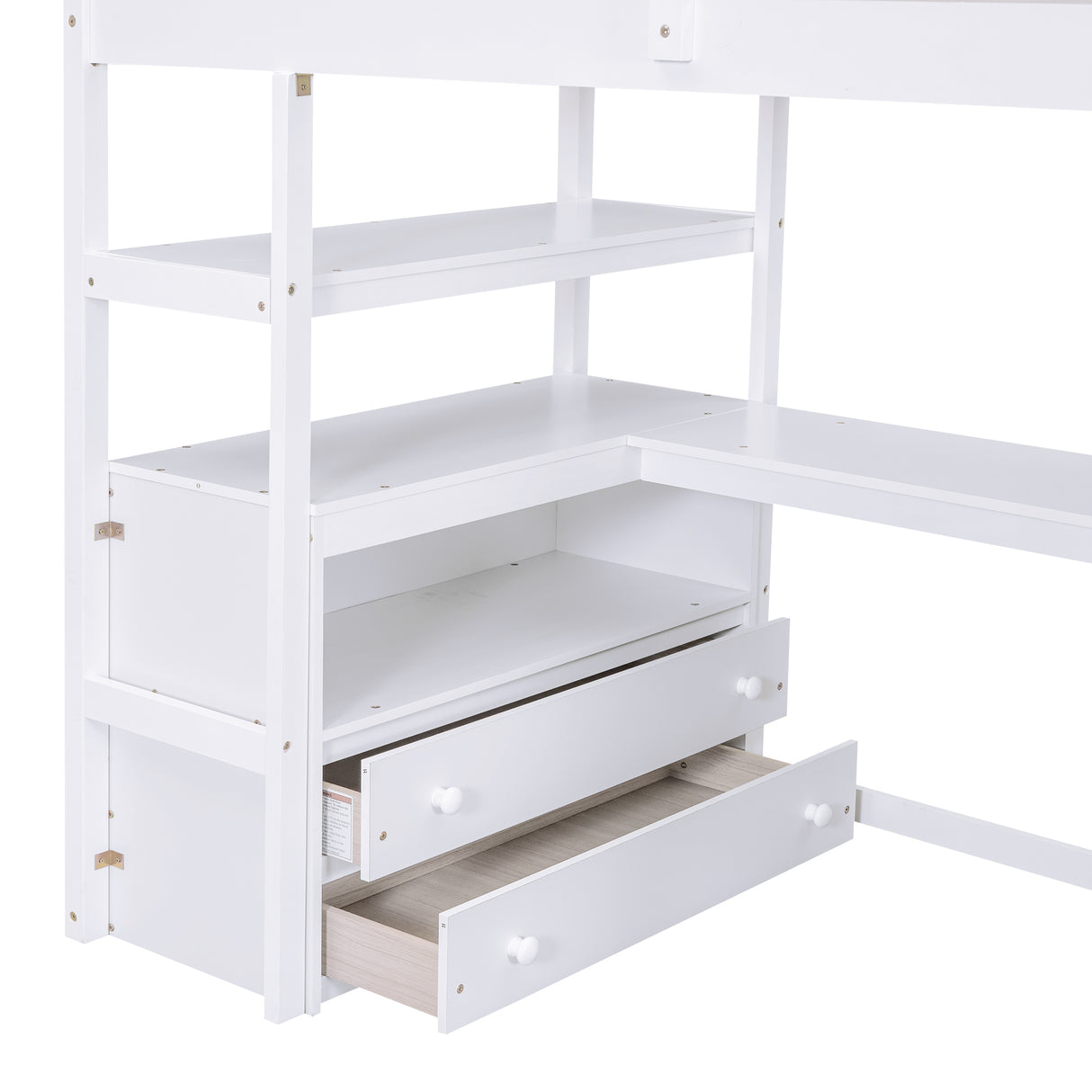 Twin Size Loft Bed with Desk and Shelves Two Built-in Drawers Storage Staircase White