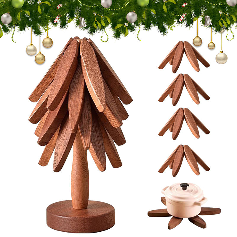 A set of tree - shaped wooden items including 4 trivets for hot dishes, pots, and pans, along with 1 stand. - V.I.P Digital Presence