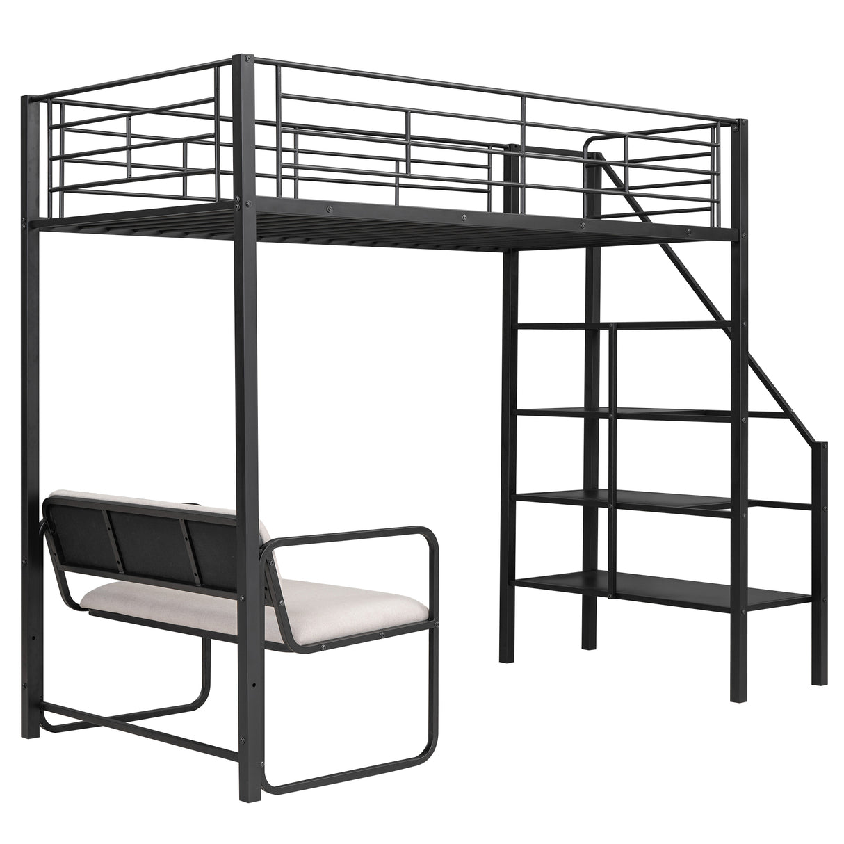 Twin Size Metal Loft Bed with Bench and Storage Staircase Black