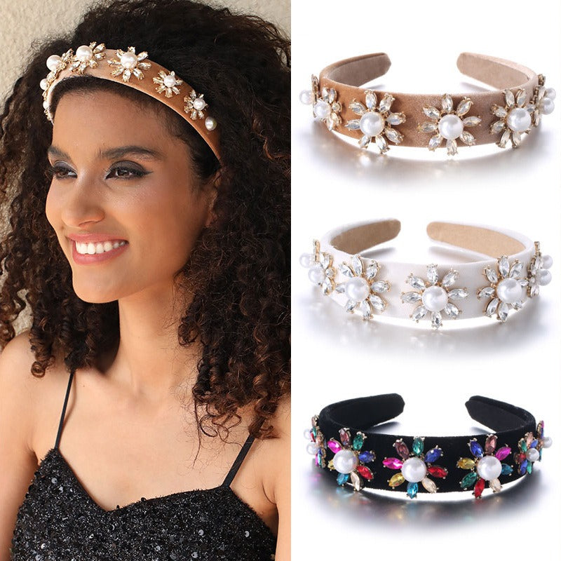 Baroque Large Pearl Flower Set with Colorful Diamonds Fashion Hair Hoop - V.I.P Digital Presence