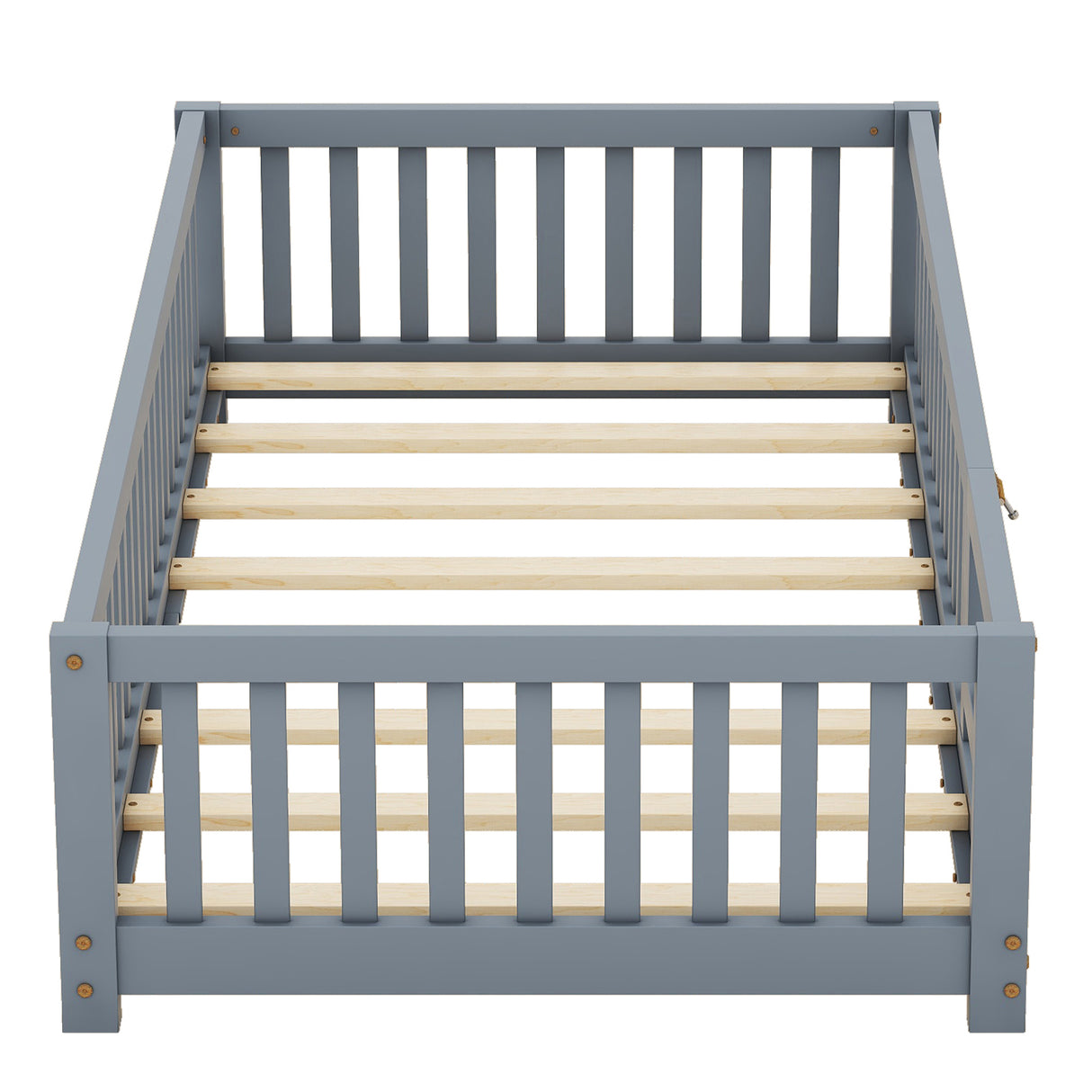 Twin Size Bed Floor Bed with Safety Guardrails and Door for Kids, Gray - V.I.P Digital Presence