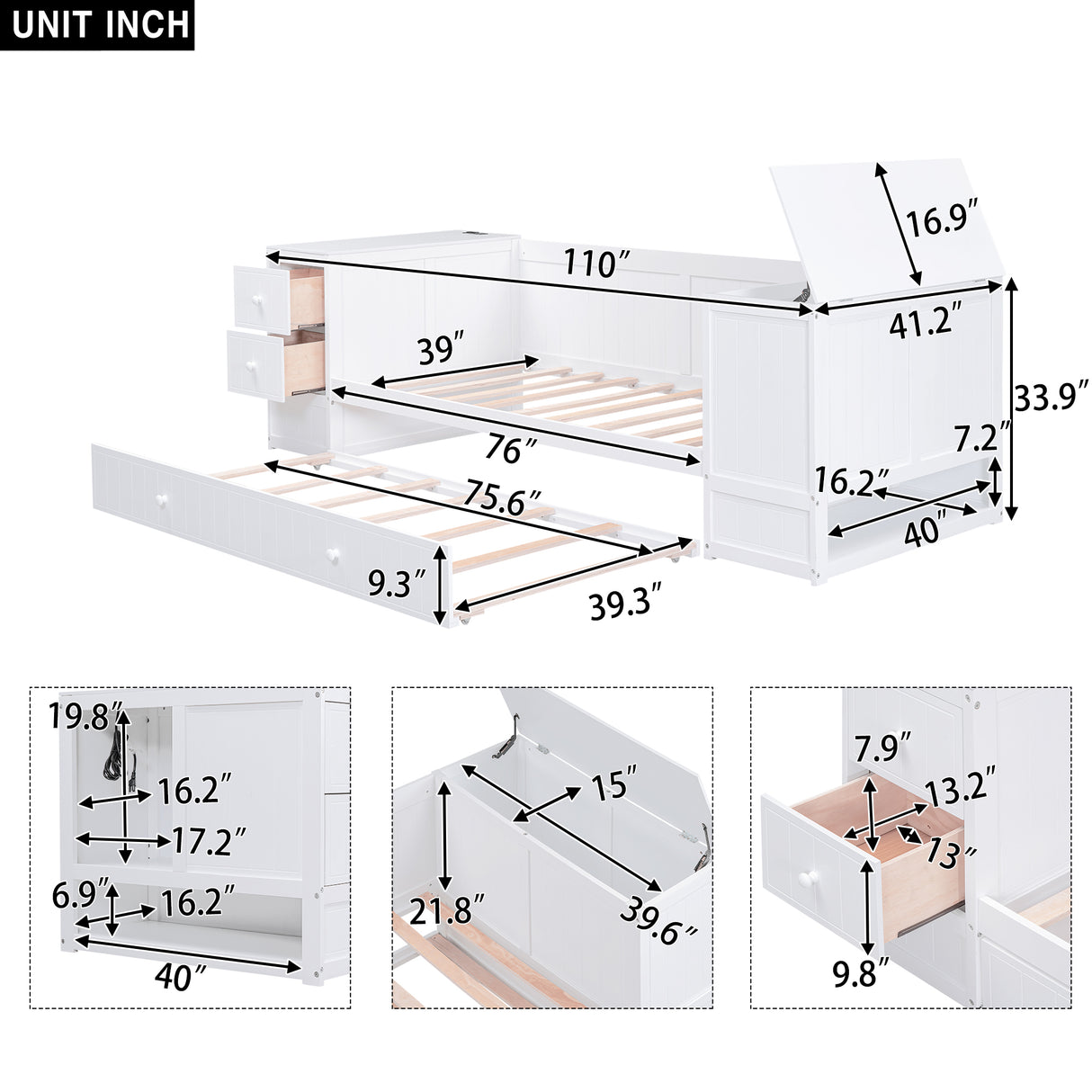 Twin Size Daybed with Storage Arms Trundle and Charging Station White
