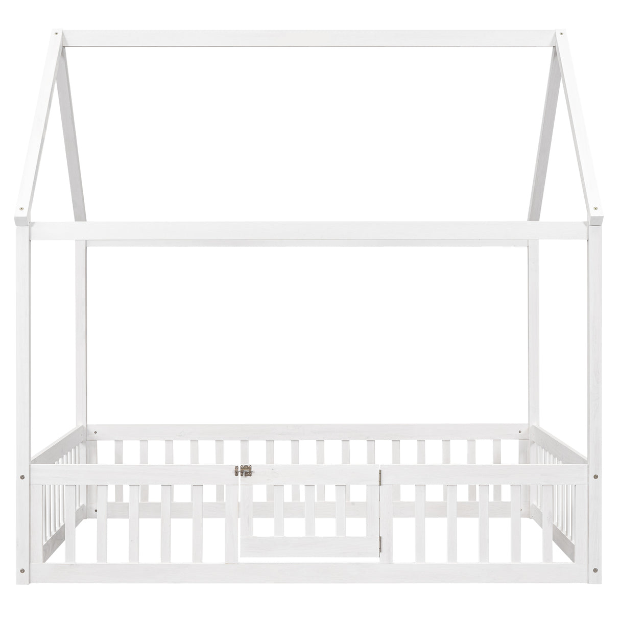 Full Size Wood House Bed with Fence and Door White Wash
