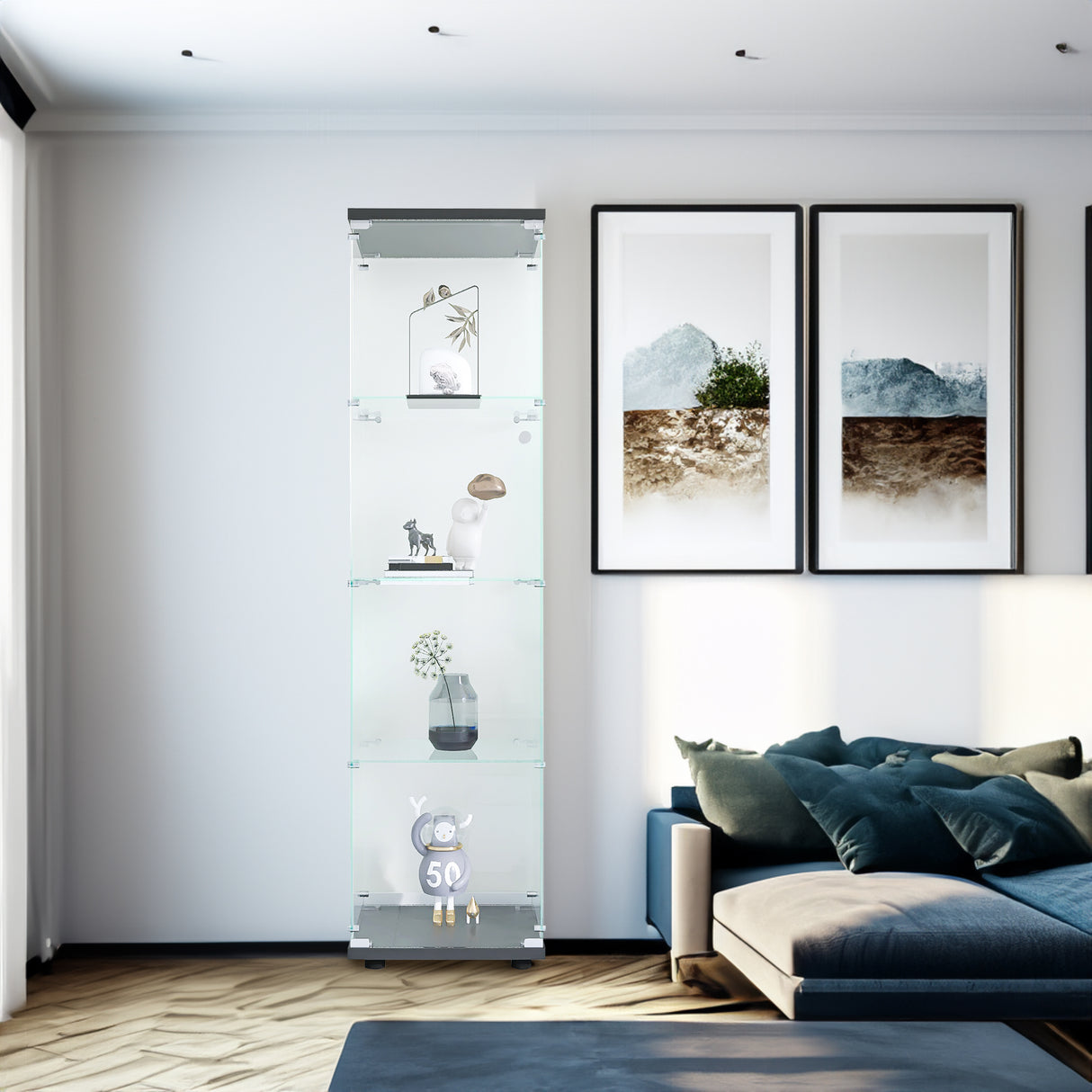 4 glass display cabinets with door shelves, floor standing antique bookshelf, 64.7 "* 16.7" * 14.3 ", black - V.I.P Digital Presence