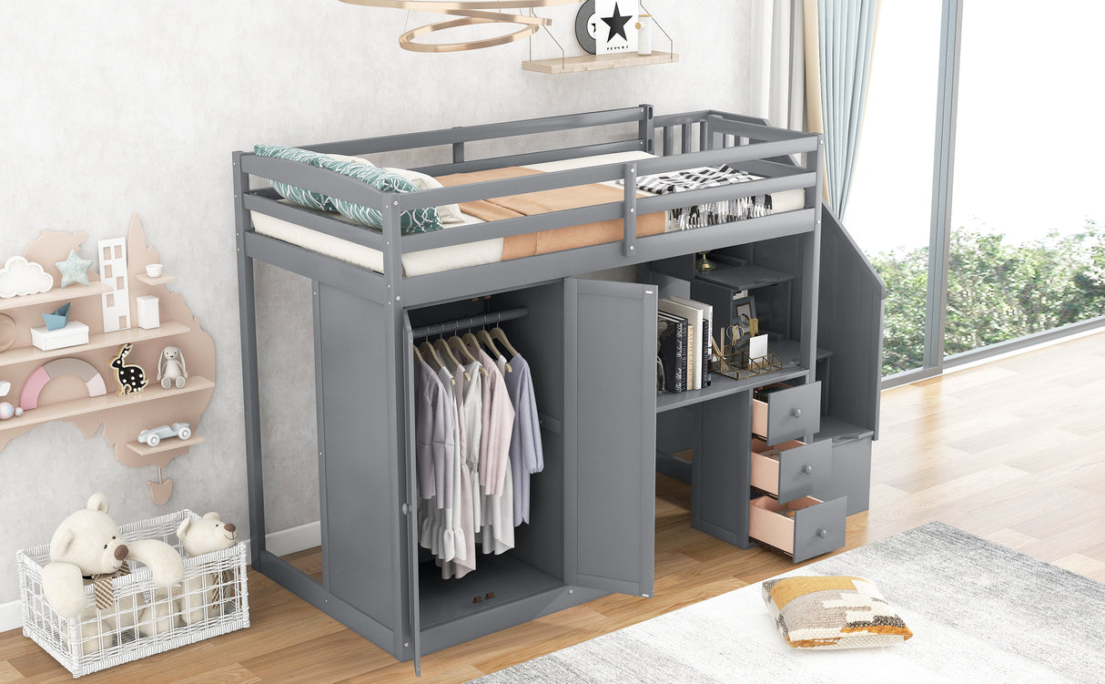 Twin Size Loft Bed with Wardrobe and Staircase Desk and Storage Drawers and Cabinet in 1 Gray
