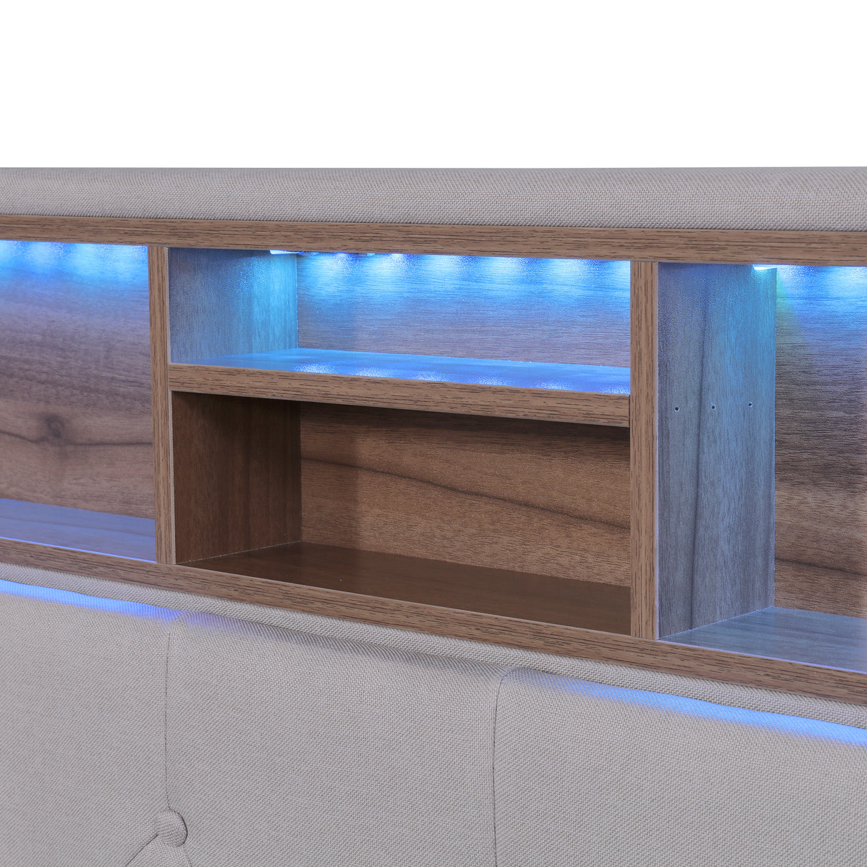 Queen Size Upholstered Platform Bed with Storage Headboard LED USB Charging and 2 Drawers Beige