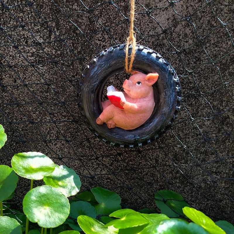 Cute Piggy Reading Tire Courtyard Garden Outdoor Hanger - V.I.P Digital Presence