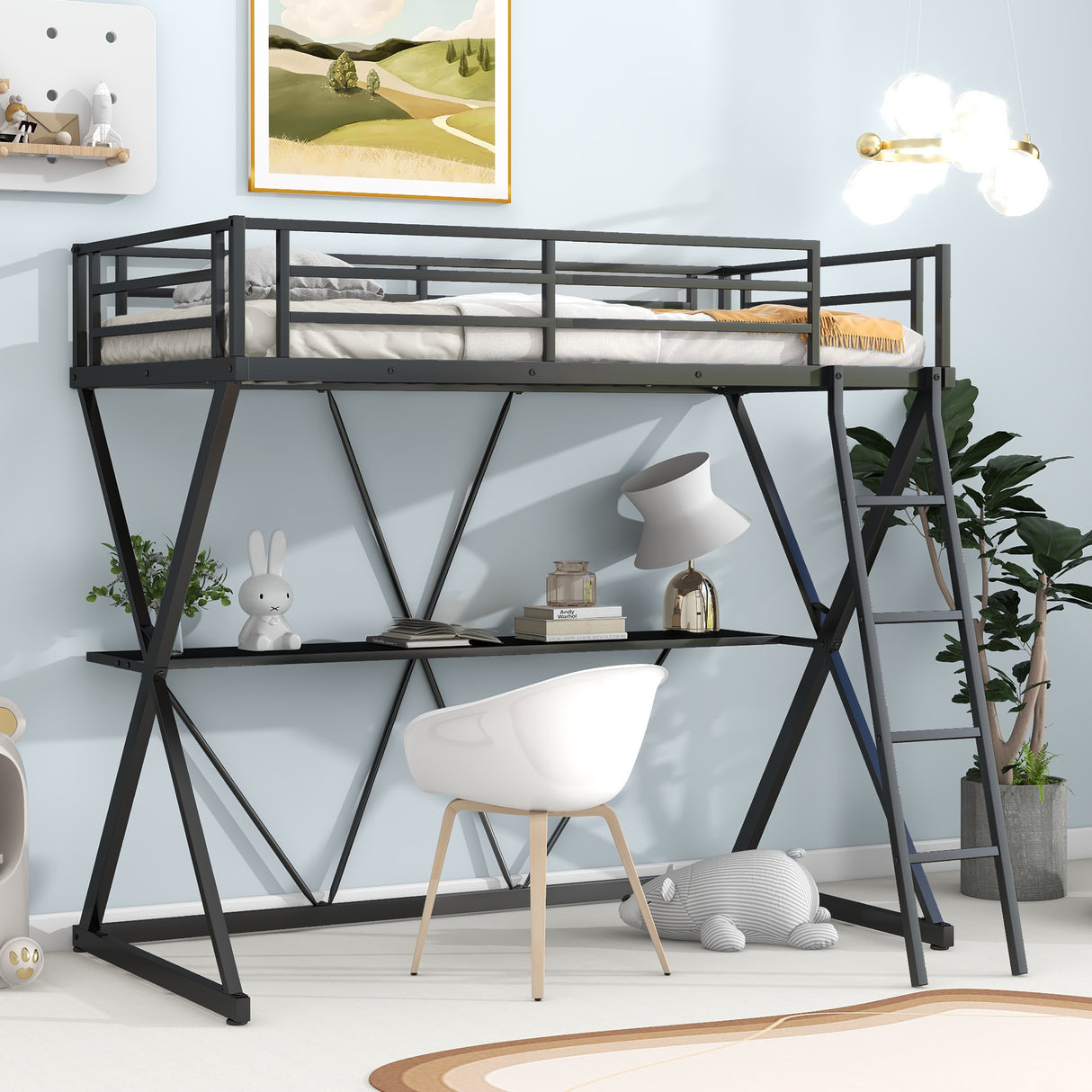 Twin Size Loft Bed with Desk Ladder and Full-Length Guardrails X-Shaped Frame Black