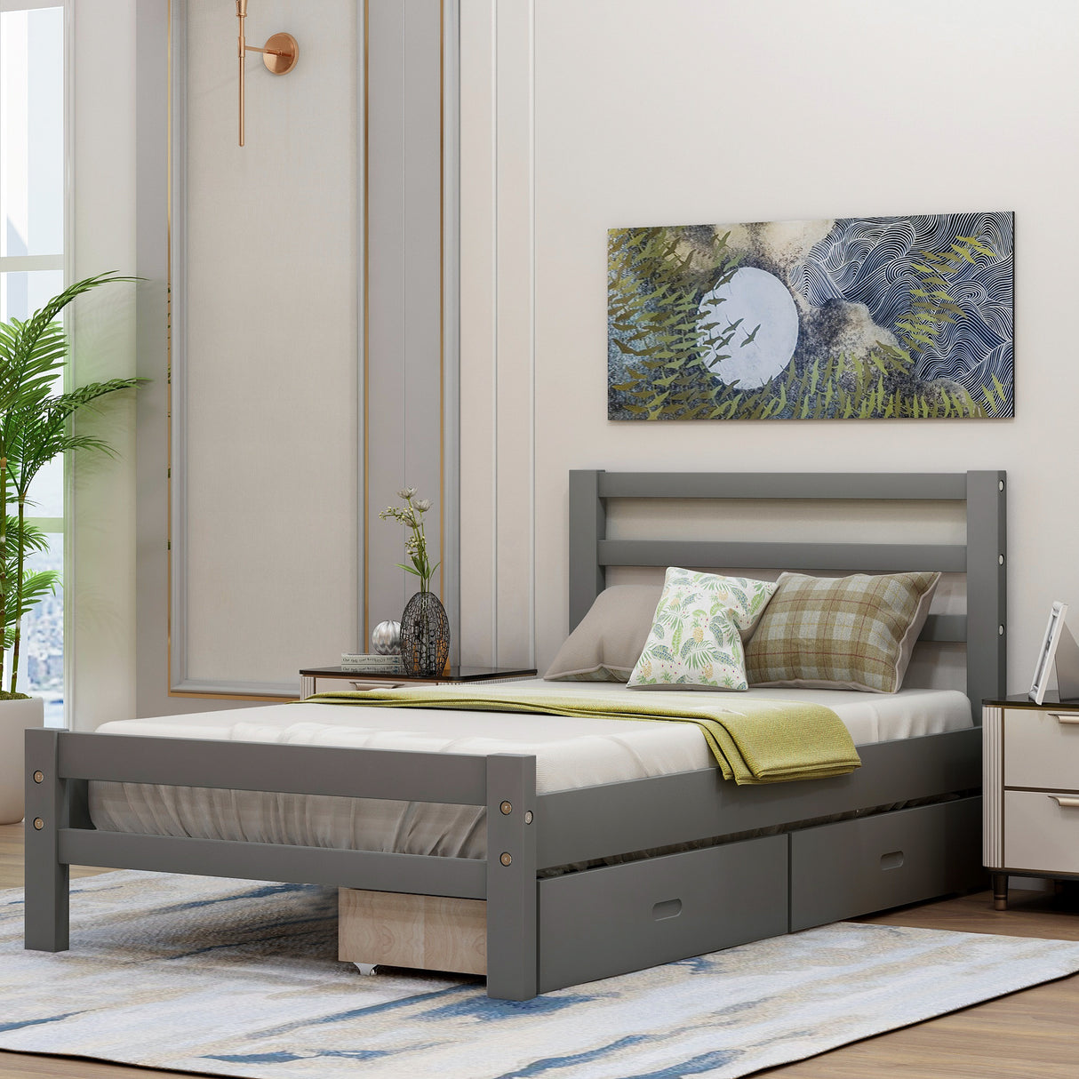 Wood platform bed with two drawers twin (gray)