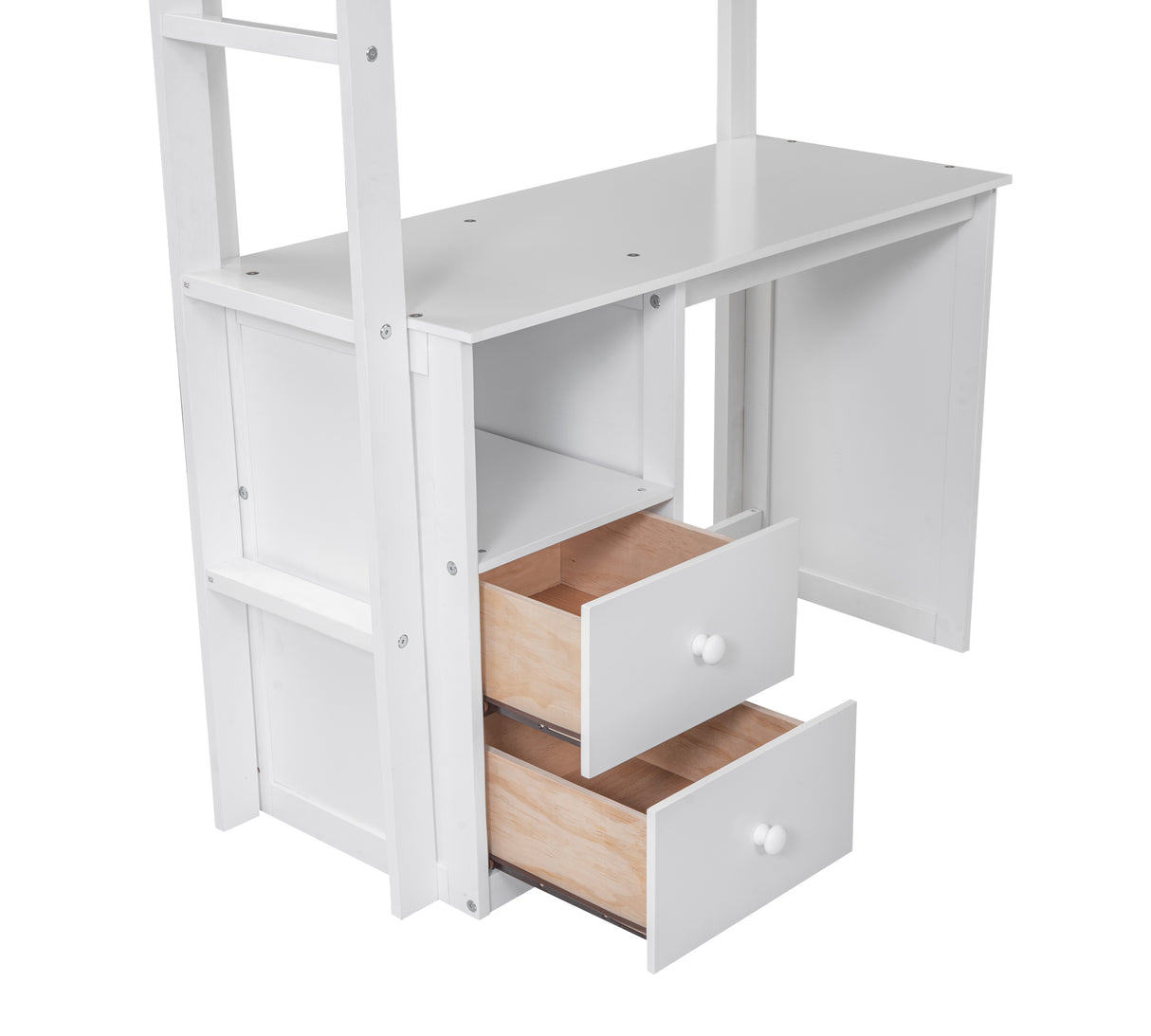 Wood Twin Size Loft Bed with Wardrobes and 2-Drawer Desk with Cabinet White