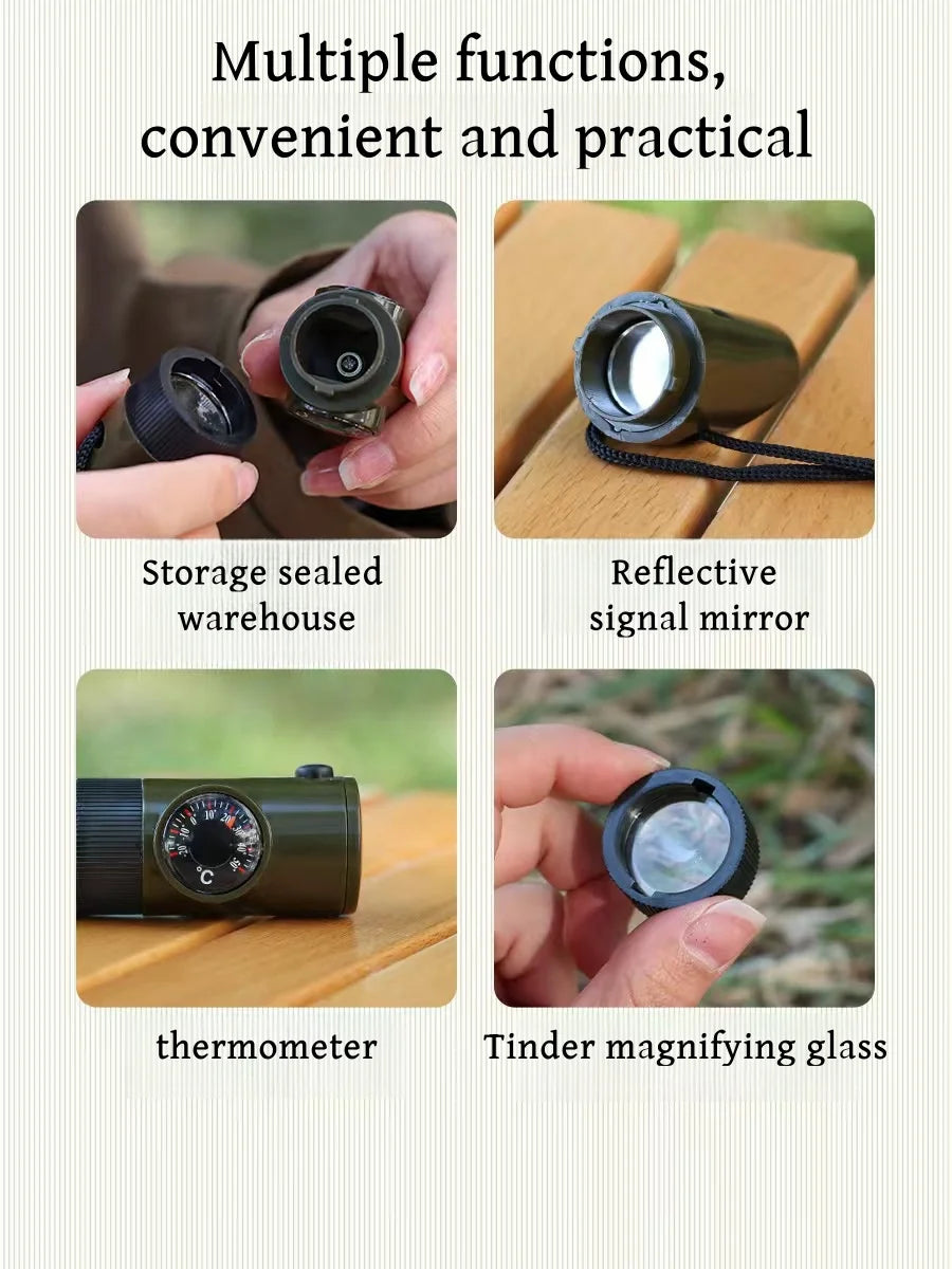 NEW 7 in 1 Survival Whistle Hiking Whistle Compass Mirror Flashlight Magnifier LED Light Thermometer Storage Compass Tool - V.I.P Digital Presence