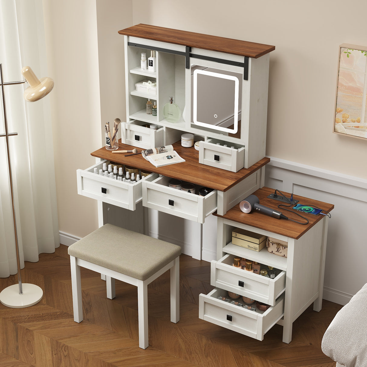 46.5-inch dressing table with adjustable LED lighting mirror and charging station, equipped with soft cushioned stool - V.I.P Digital Presence