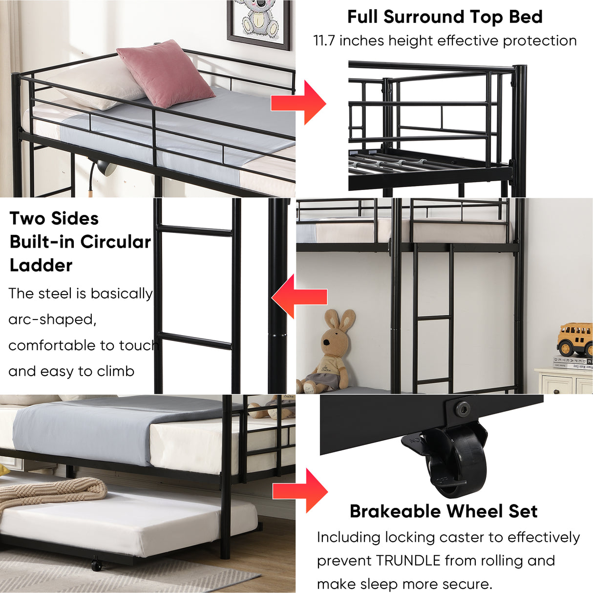 Twin bunk bed frame with trailer, metal bunk bed with sturdy guardrail and side ladder, can be divided into two beds, black - V.I.P Digital Presence