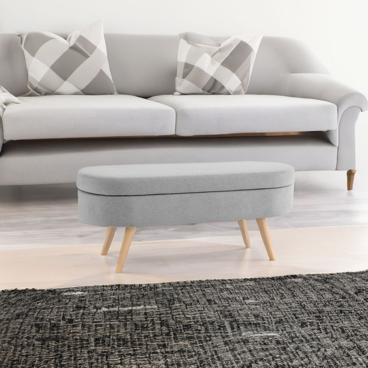 Ottoman Oval Storage Bench Rubber Wood Legs Grey(43.5"x16"x16")