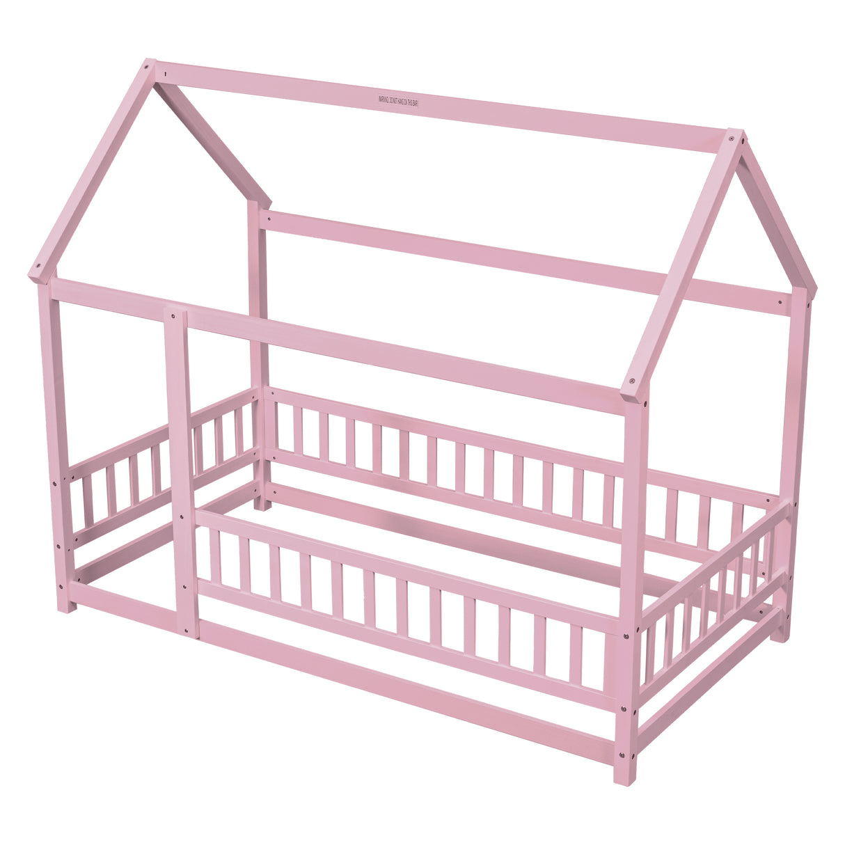 Twin Size Floor Wooden Bed with House Roof Frame, Fence Guardrails,Pink - V.I.P Digital Presence