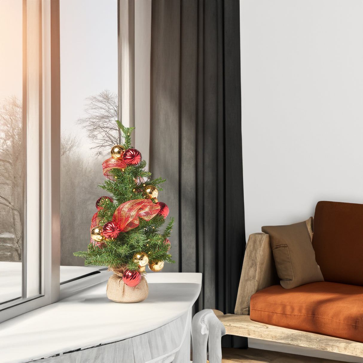 2'RED/GOLD DECORATION BURLAP TREE WITH 50 WARM WHITE LED LIGHTS-BATTERY OPERATED - V.I.P Digital Presence