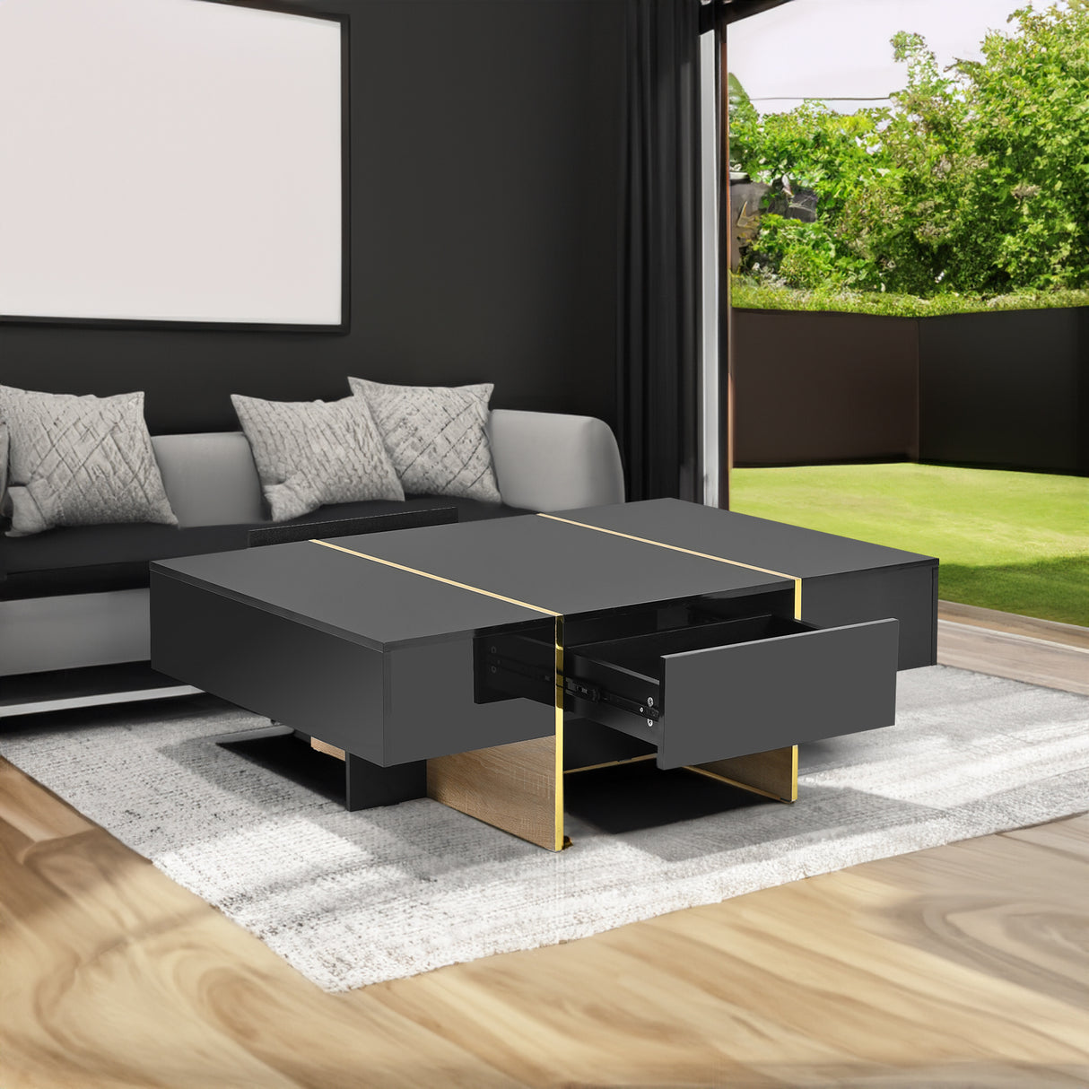 ON-TRANS 47.2 inch x 31.4 inch multifunctional rectangular sofa table with 2 drawers and gold wood grain leg center table, black - V.I.P Digital Presence