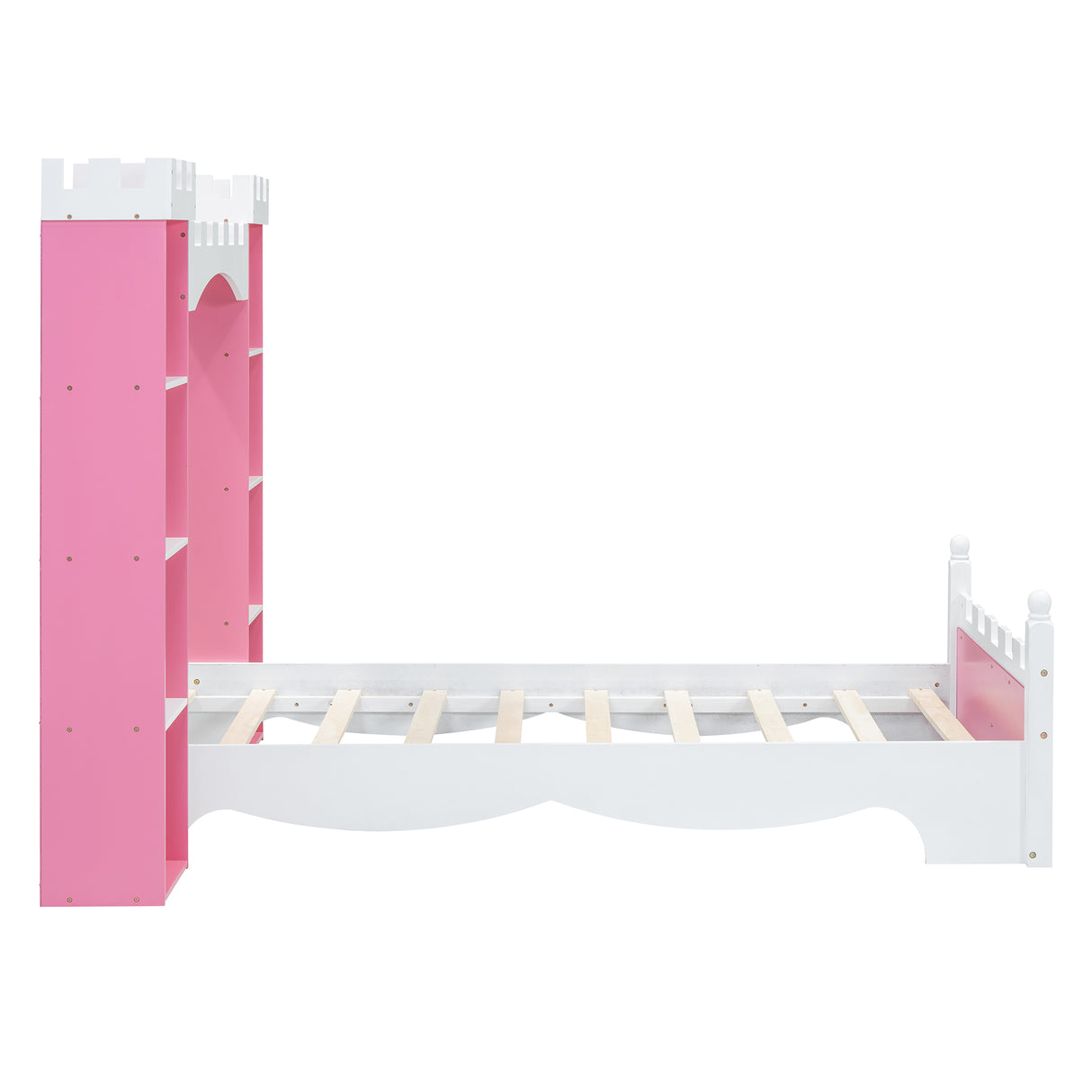 Castle-Shaped Wooden Bed with Storage Shelf, Dreamy Twin Size Platform Bed for Kids Bedroom, Pink+ White - V.I.P Digital Presence
