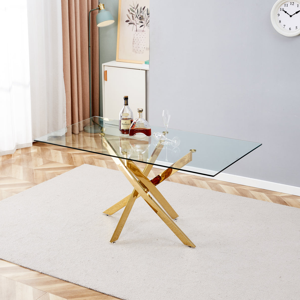 TEMPERED CLEAR GLASS GOLDEN LEG DINNING TABLE 63" - V.I.P Digital Presence