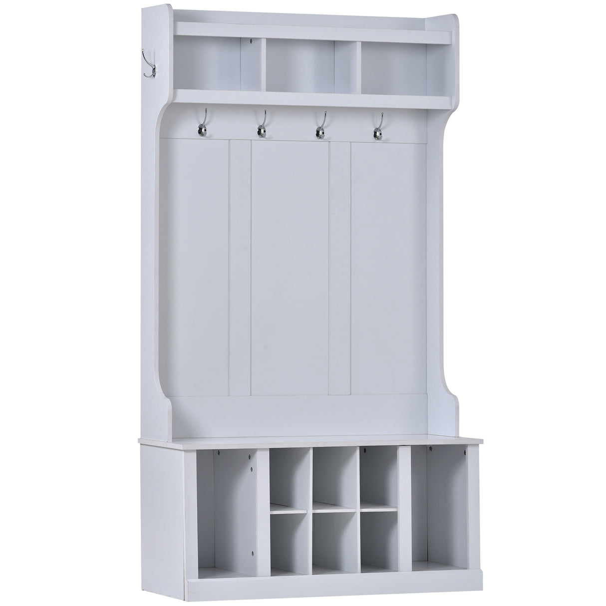 U-Can Hall Tree with 6 Hooks Coat Hanger Entryway Bench Storage Bench (White)