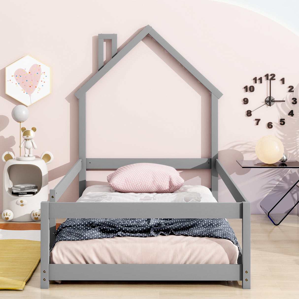 Twin Size Wood bed with House-shaped Headboard Floor bed with Fences,Grey - V.I.P Digital Presence