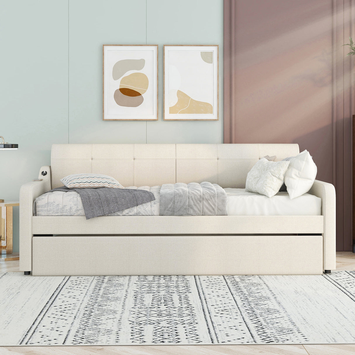 Twin Size Upholstery Daybed with Trundle and USB Charging Design Trundle can be flat or erected Beige