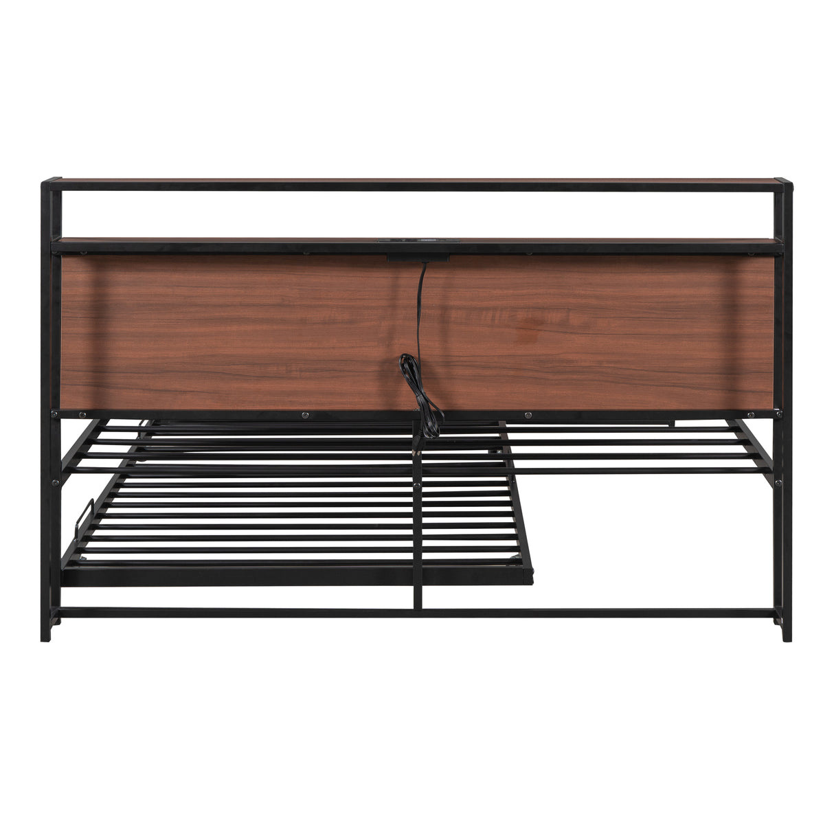 Queen Size Metal Platform Bed Frame with Trundle, USB Ports and Slat Support ,No Box Spring Needed Black - V.I.P Digital Presence