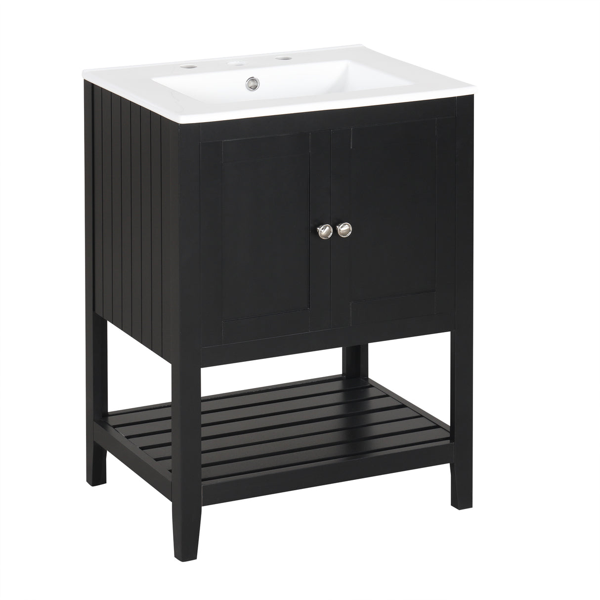 24" Black Modern Sleek Bathroom Vanity Elegant Ceramic Sink with Solid Wood Frame Open Style Shelf - V.I.P Digital Presence