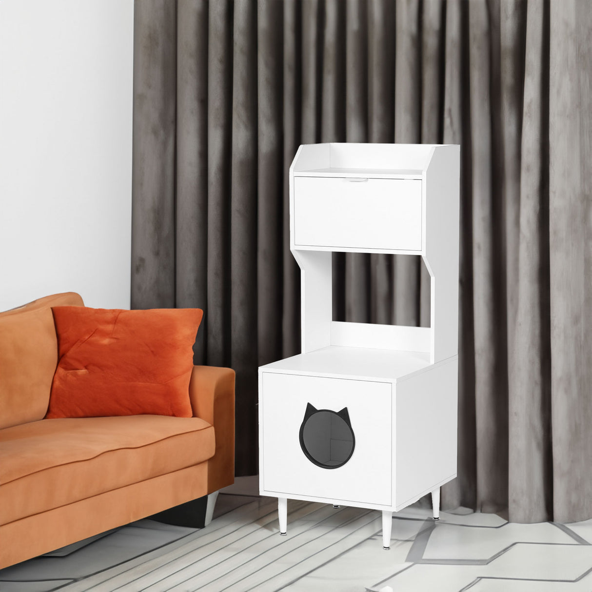 White wooden hidden cat trash can with rack and trash can shell, indoor cat house pet box, storage cabinet - V.I.P Digital Presence