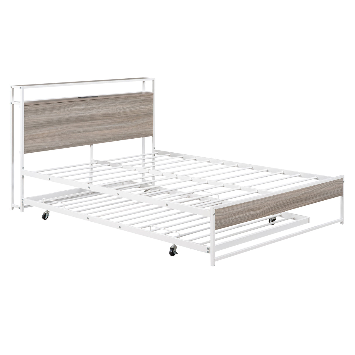 Full Size Metal Platform Bed Frame with Trundle, USB Ports and Slat Support No Box Spring Needed White - V.I.P Digital Presence