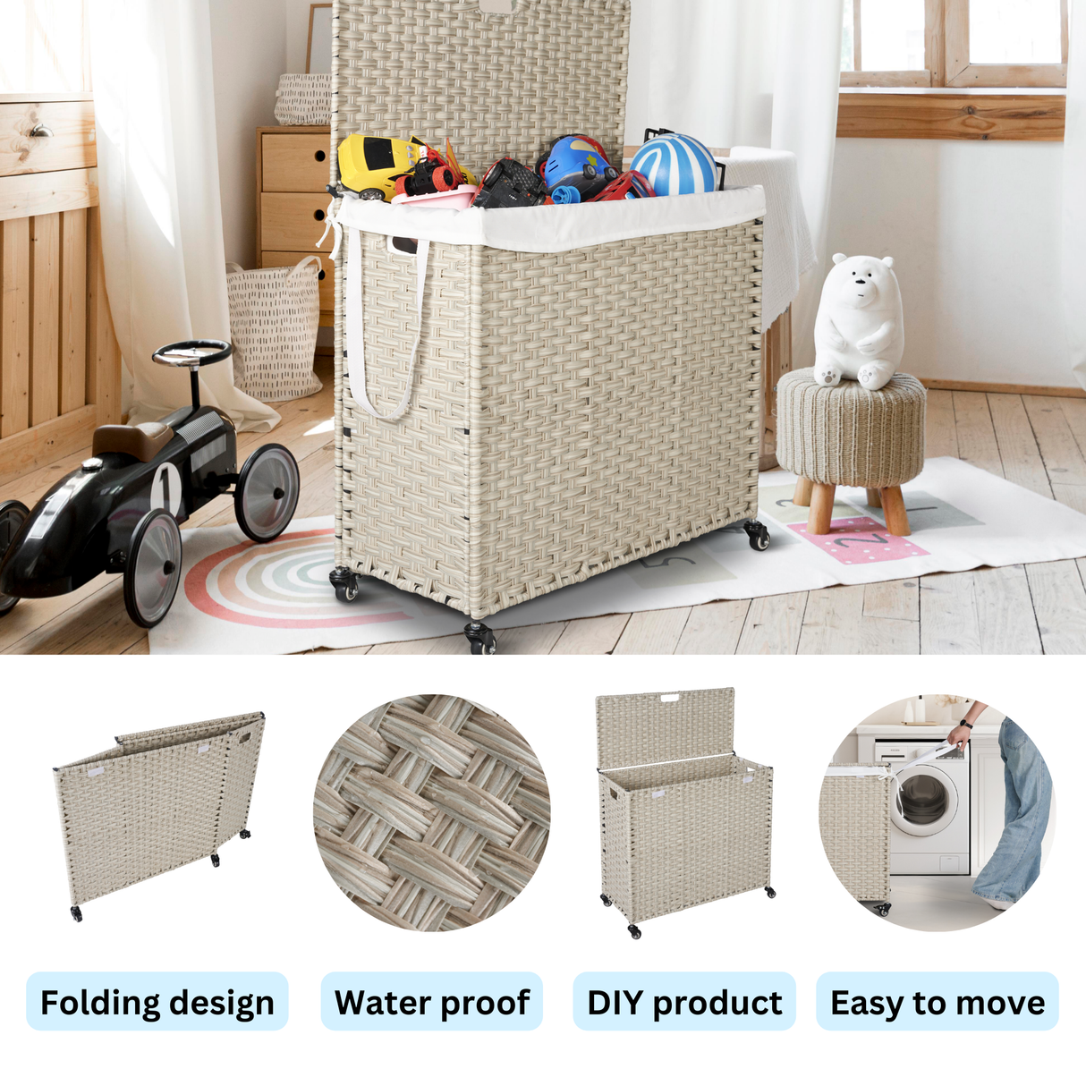 Laundry Hamper With Lid PE Rattan Powder Coating Frame Clothes Hampers with 02 Removable Bags, Wheels, 160L, Grey Color - V.I.P Digital Presence