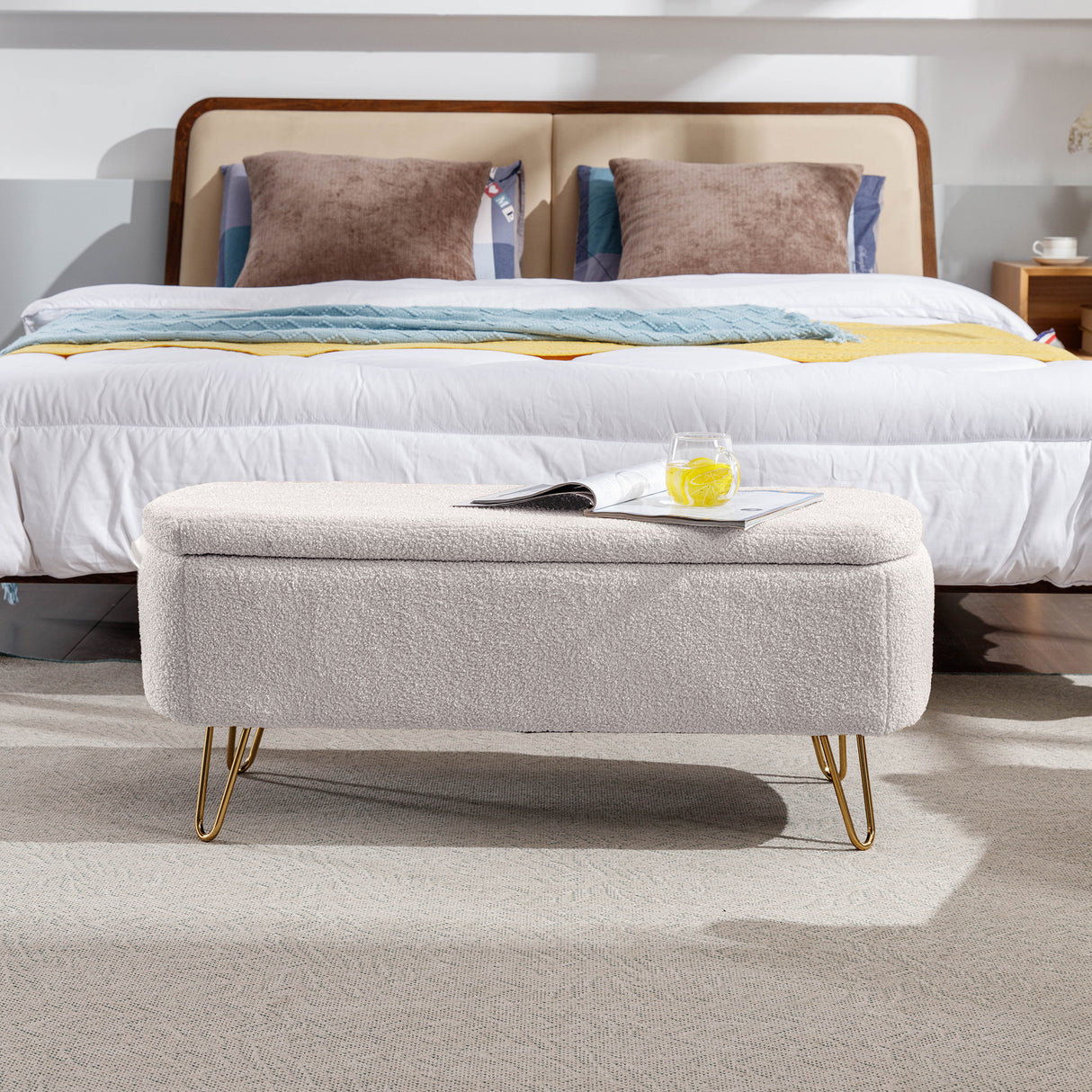 Ivory White Storage Ottoman Bench for End of Bed Gold Legs - V.I.P Digital Presence