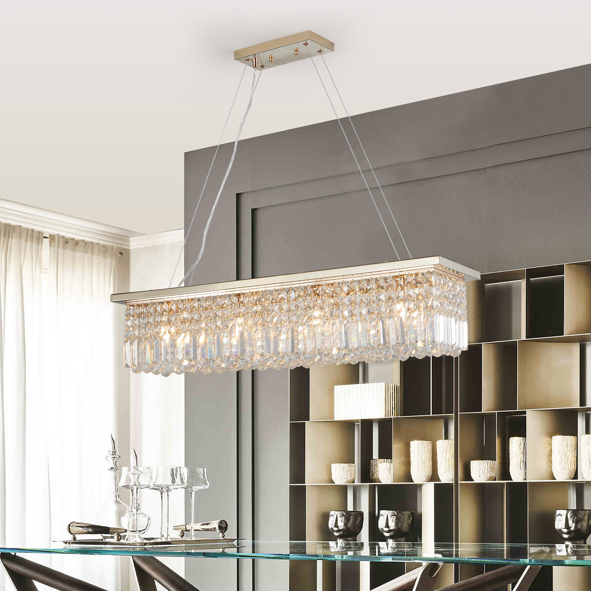 Modern Crystal Chandelier for Dining Room 8-Light Gold Rectangle Raindrop Chandelier L39.4'' x W9.8'' x H8.7'(Bulb Not Included) - V.I.P Digital Presence
