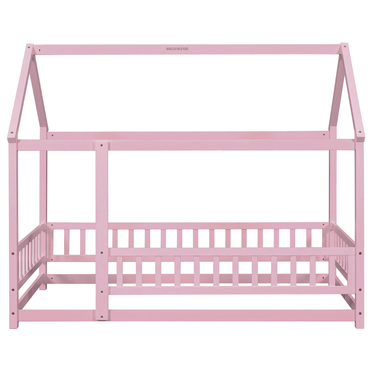 Twin Size Floor Wooden Bed with House Roof Frame, Fence Guardrails,Pink - V.I.P Digital Presence
