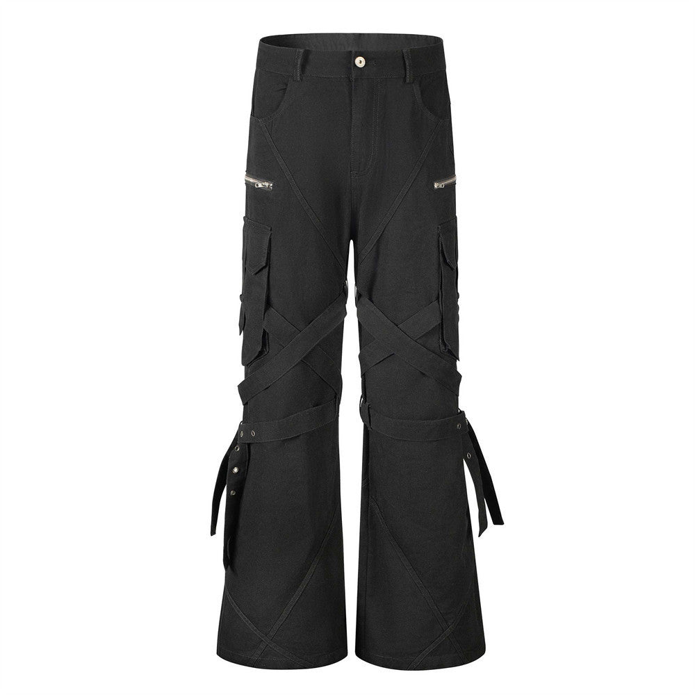 High Street Style Multi-Pocket Workwear Flared Trousers with Belt Design for Men - V.I.P Digital Presence