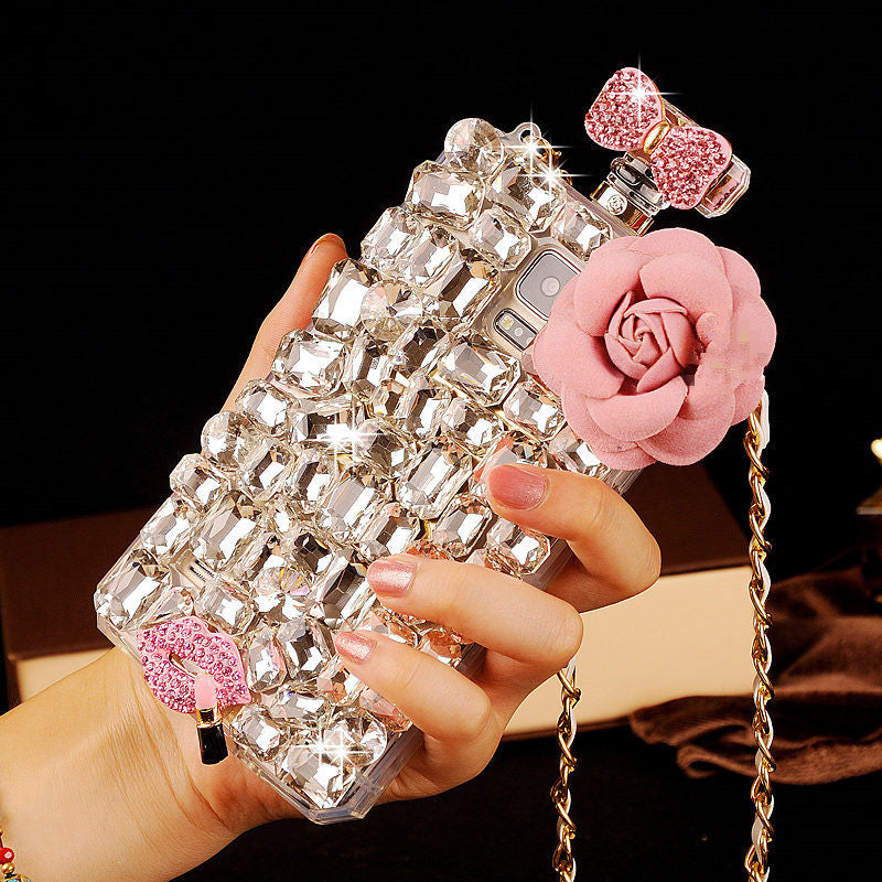 For iPhone 13 Pro Phone Cases Rhinestone 6 7 8 Plus Perfume Bottle Protective Cover Flower Lips Lanyard
