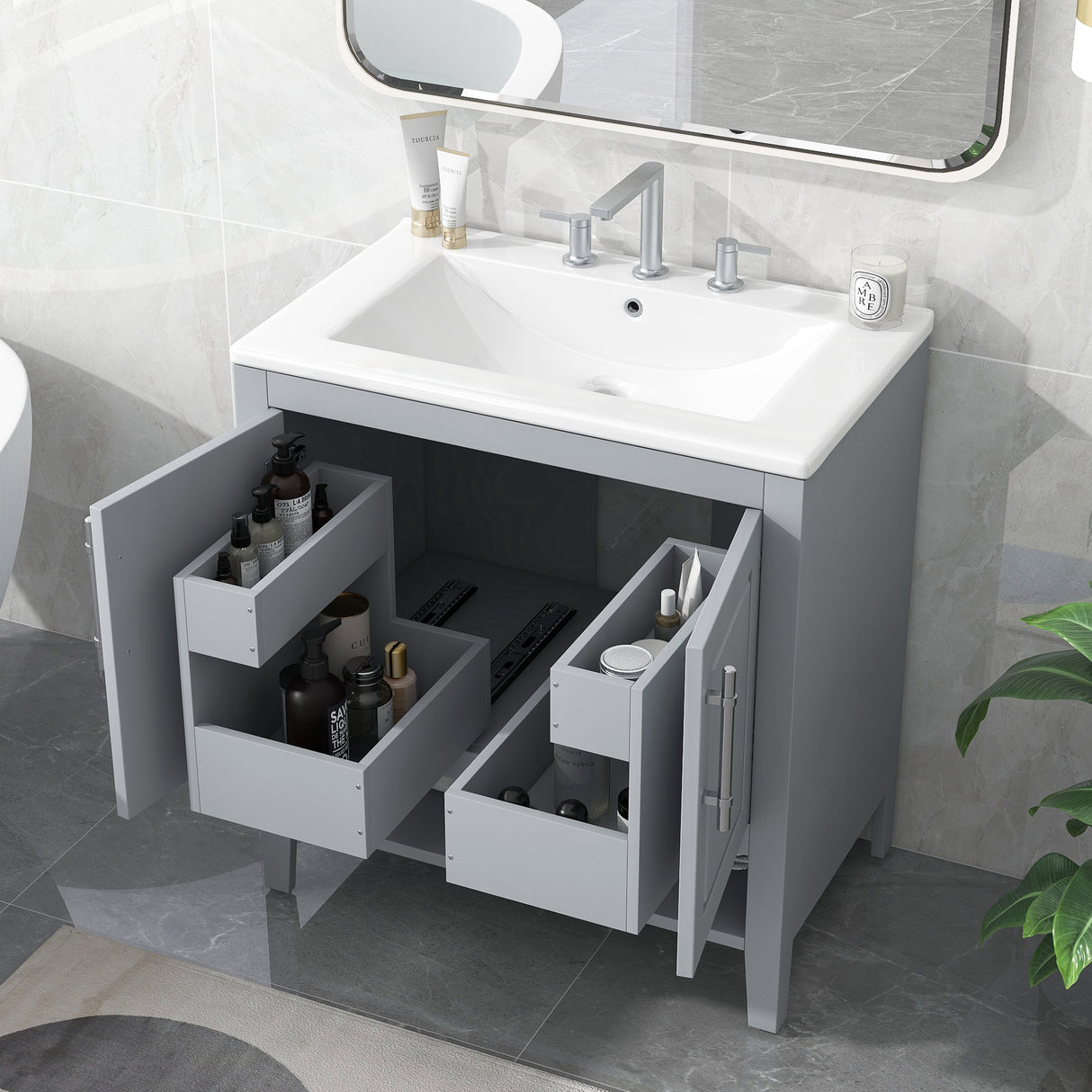 30" Bathroom Vanity with Sink, Multi-functional Bathroom Cabinet with Doors and Drawers, Solid Frame and MDF Board, Grey - V.I.P Digital Presence