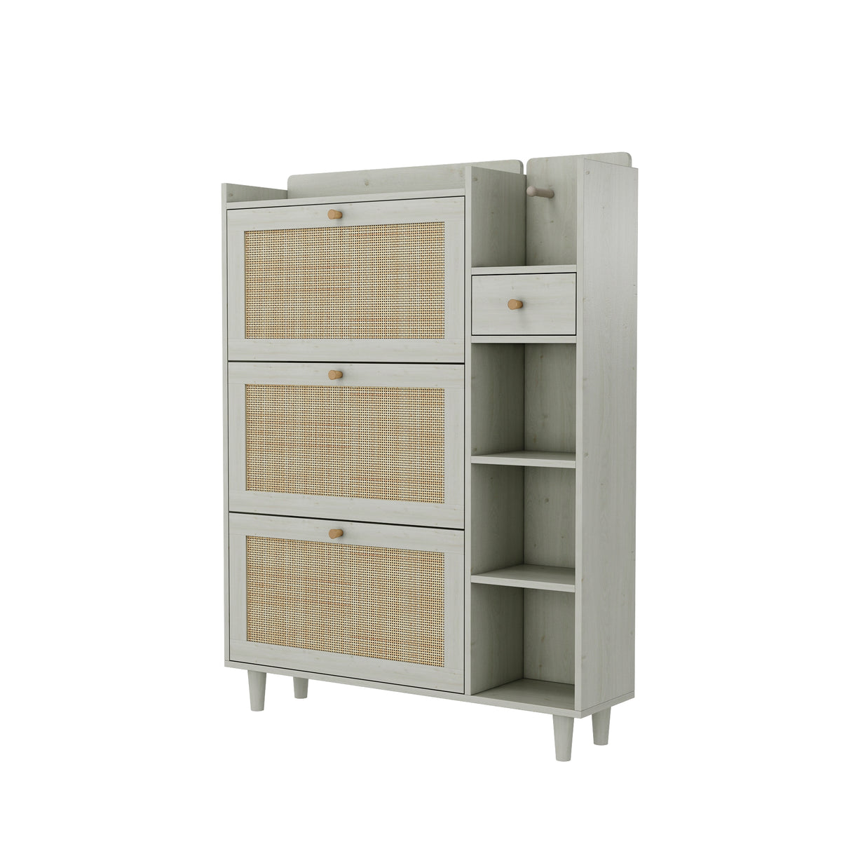 Natural Bohemian style shoe cabinet with 3 rattan flip drawers, 3 square shelves, and 1 storage drawer, white - V.I.P Digital Presence
