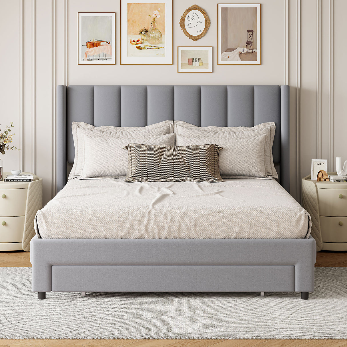 Full Size Storage Bed Velvet Upholstered Platform Bed with a Big Drawer - Gray - V.I.P Digital Presence