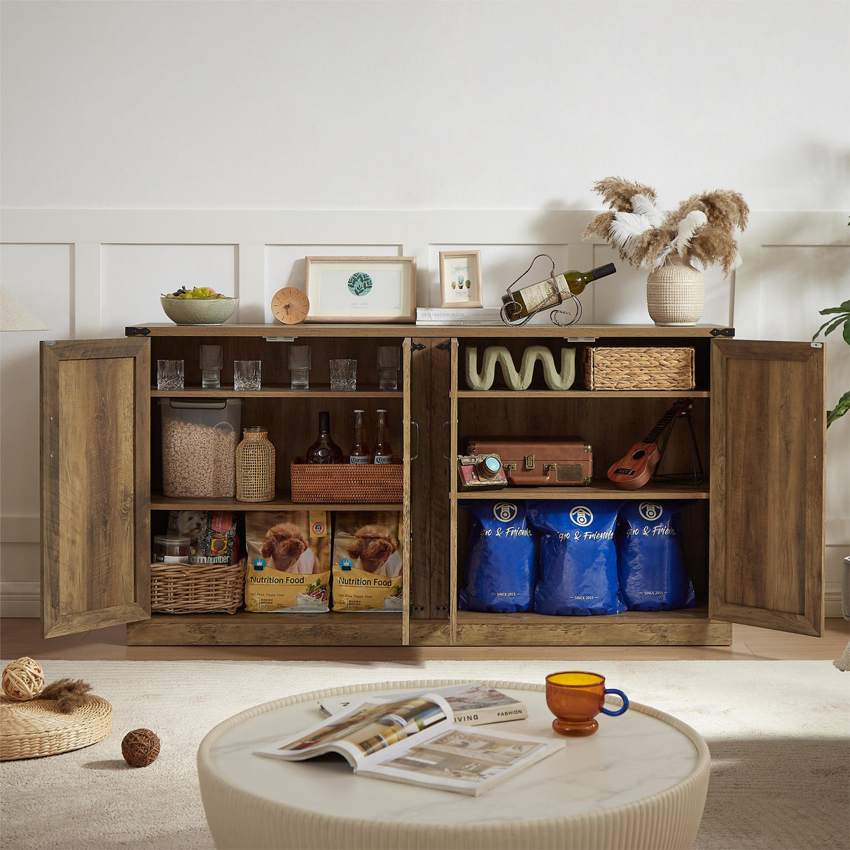 65-Inch Rustic Oak Color Faux Rattan Sideboard, Barn Door Rustic Style Sideboard, Living Room, Entryway, Bedroom - V.I.P Digital Presence