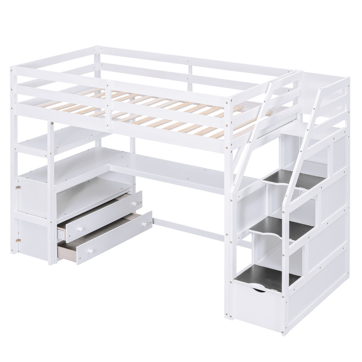 Twin Size Loft Bed with Desk and Shelves Two Built-in Drawers Storage Staircase White