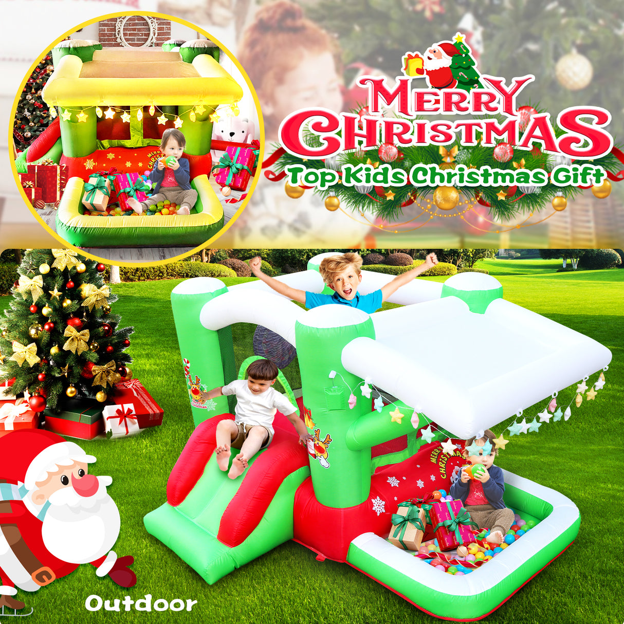 Christmas Jump 'n Slide Inflatable Bouncer for Kids Complete Setup with Blower - 80" x 91" Play Area - 55" Tall - V.I.P Digital Presence