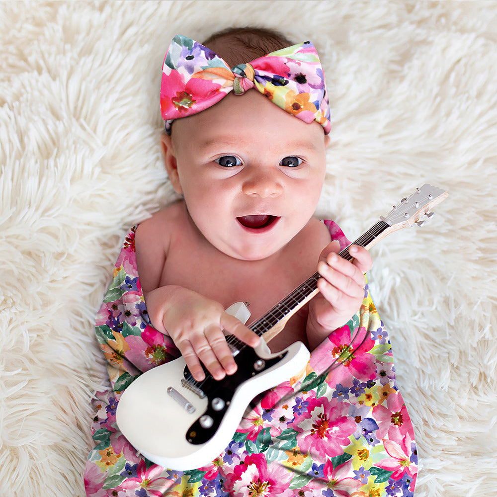 Newborn Photography Wrap Bow Hair Band Wrap Towel Set Baby Flower Blanket 2 Piece Set