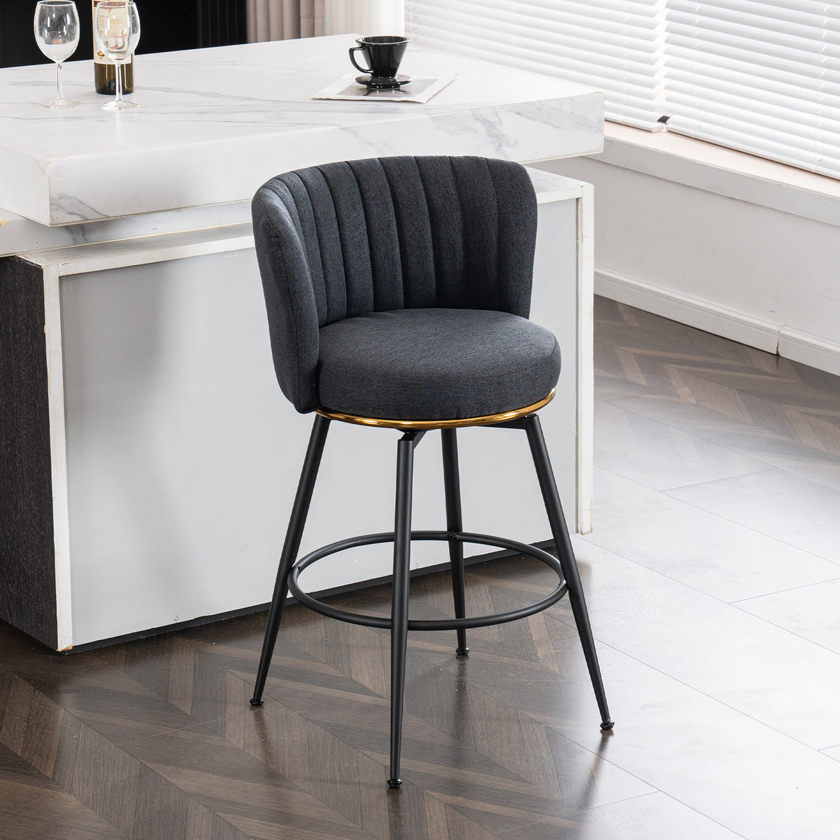 A set of 2 gray rotating bar stools - high backrest, adjustable, with elegant metal backrest decoration - V.I.P Digital Presence