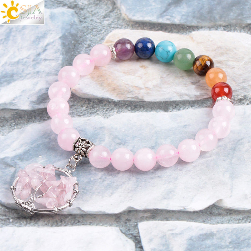 Women's natural colored pink crystal semi-precious stone bead bracelet pure handmade tree of life with pendant jewelry - V.I.P Digital Presence