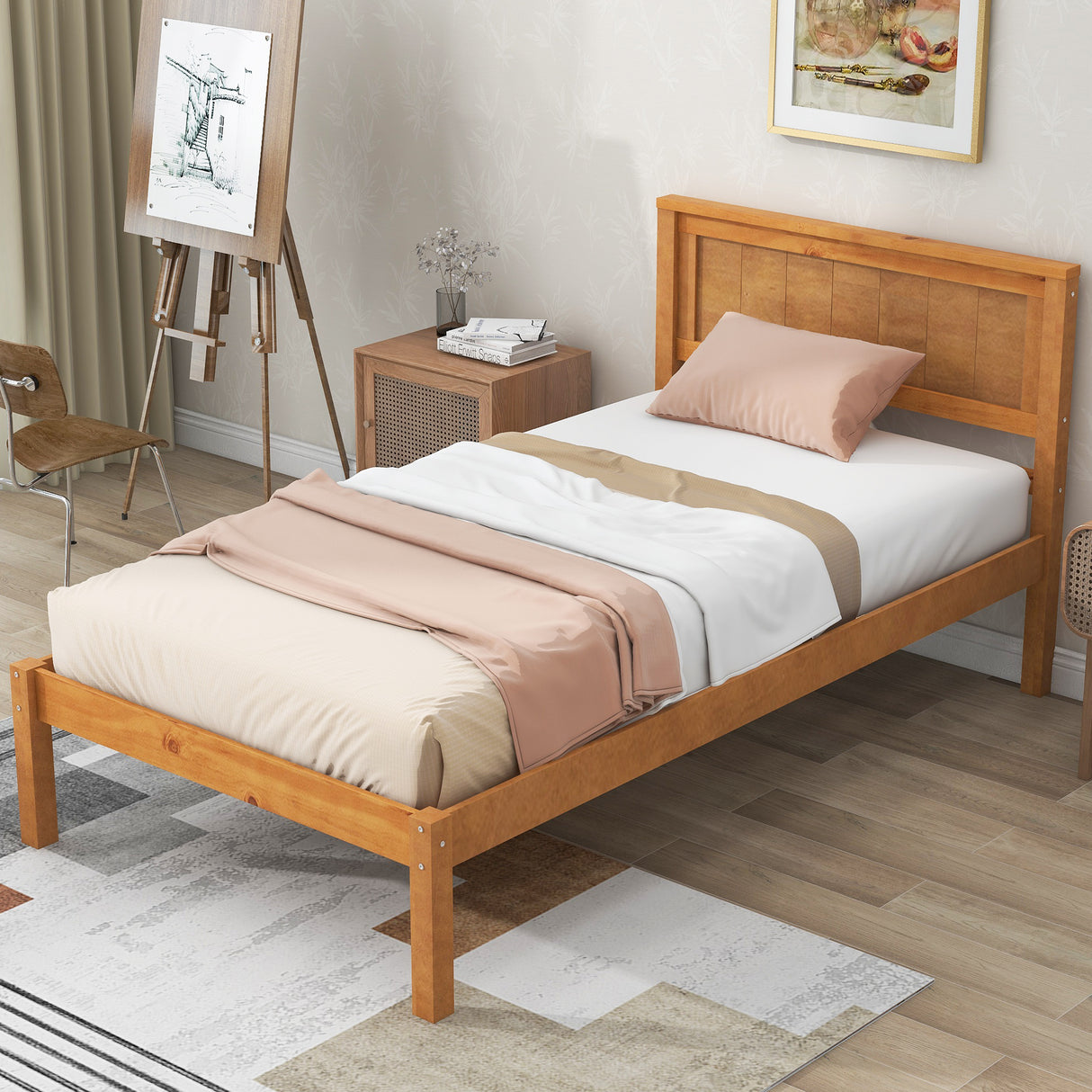 Platform Bed Frame with Headboard Wood Slat Support No Box Spring Needed Twin Oak